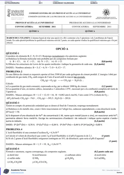 Vista previa de Examen PAU de Química de Comunitat Valenciana 2011 – Extraordinaria