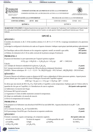 Vista previa de Examen PAU de Química de Comunitat Valenciana 2012 – Ordinaria