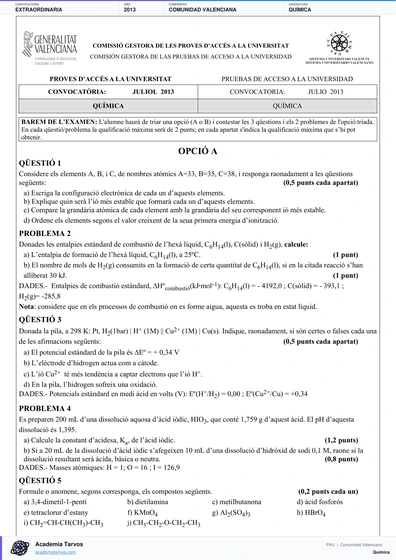 Vista previa de Examen PAU de Química de Comunitat Valenciana 2013 – Extraordinaria