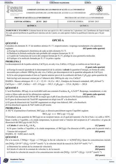 Vista previa de Examen PAU de Química de Comunitat Valenciana 2013 – Ordinaria