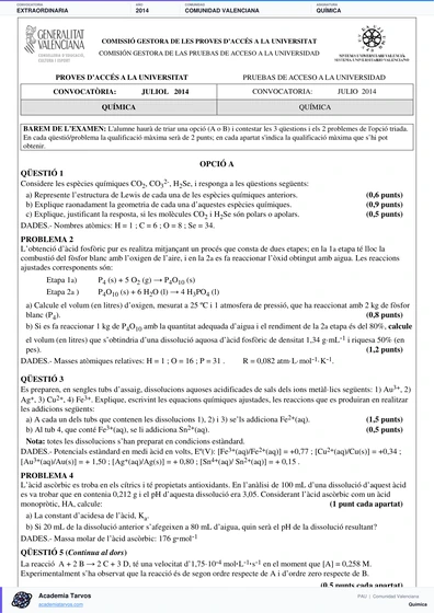 Vista previa de Examen PAU de Química de Comunitat Valenciana 2014 – Extraordinaria