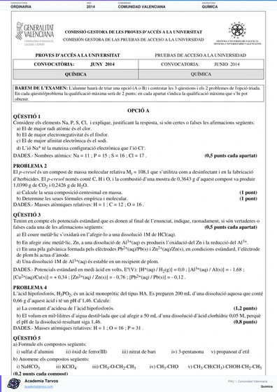 Vista previa de Examen PAU de Química de Comunitat Valenciana 2014 – Ordinaria