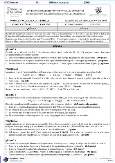 Vista previa de Examen PAU de Química de Comunitat Valenciana 2015 – Extraordinaria