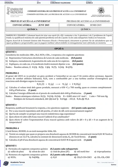 Vista previa de Examen PAU de Química de Comunitat Valenciana 2015 – Ordinaria