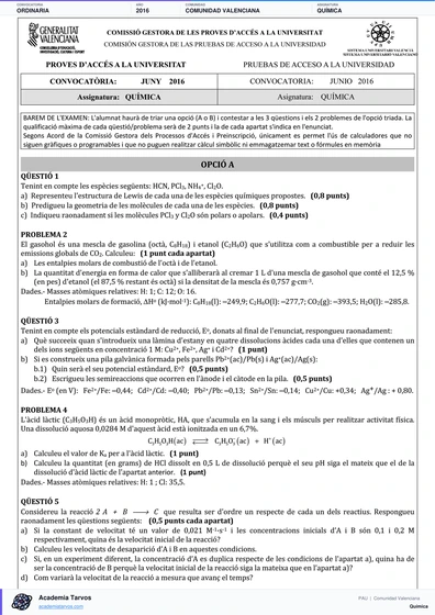 Vista previa de Examen PAU de Química de Comunitat Valenciana 2016 – Ordinaria
