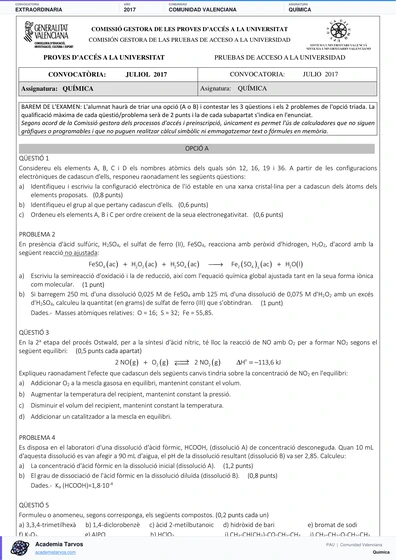 Vista previa de Examen PAU de Química de Comunitat Valenciana 2017 – Extraordinaria