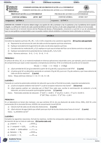Vista previa de Examen PAU de Química de Comunitat Valenciana 2017 – Ordinaria