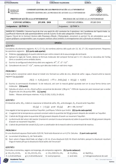Vista previa de Examen PAU de Química de Comunitat Valenciana 2018 – Extraordinaria
