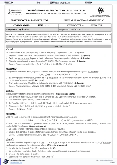 Vista previa de Examen PAU de Química de Comunitat Valenciana 2018 – Ordinaria