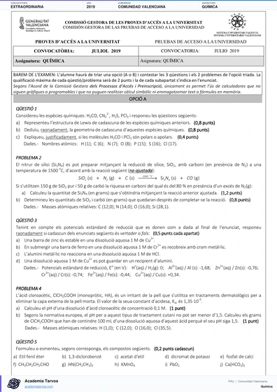Vista previa de Examen PAU de Química de Comunitat Valenciana 2019 – Extraordinaria