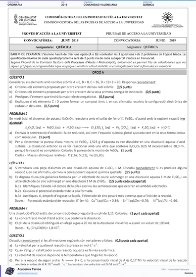 Vista previa de Examen PAU de Química de Comunitat Valenciana 2019 – Ordinaria