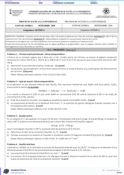 Vista previa de Examen PAU de Química de Comunitat Valenciana 2020 – Extraordinaria