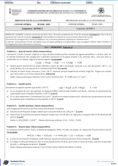 Vista previa de Examen PAU de Química de Comunitat Valenciana 2020 – Ordinaria