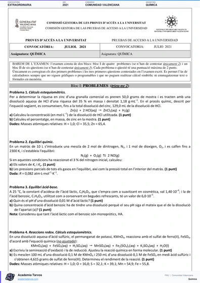 Vista previa de Examen PAU de Química de Comunitat Valenciana 2021 – Extraordinaria