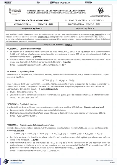 Vista previa de Modelo PAU de Química de Comunitat Valenciana 2021