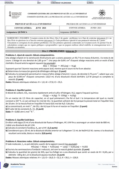 Vista previa de Examen PAU de Química de Comunitat Valenciana 2021 – Ordinaria