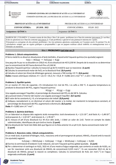 Vista previa de Examen PAU de Química de Comunitat Valenciana 2022 – Extraordinaria