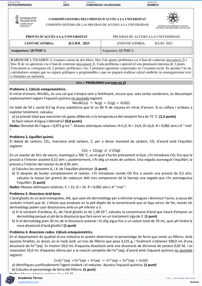 Vista previa de Examen PAU de Química de Comunitat Valenciana 2023 – Extraordinaria