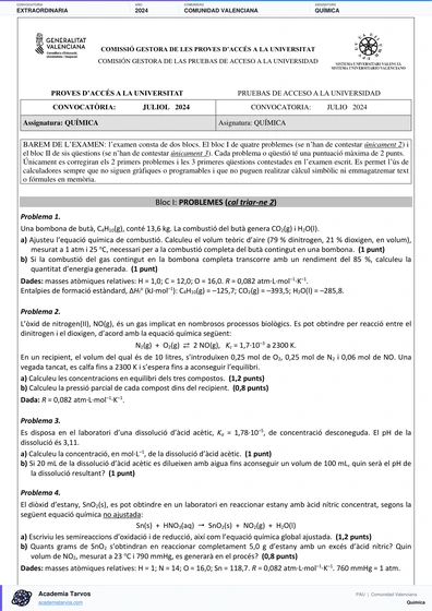 Vista previa de Examen PAU de Química de Comunitat Valenciana 2024 – Extraordinaria
