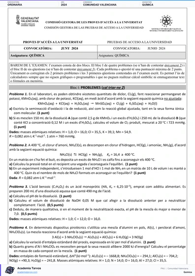 Vista previa de Examen PAU de Química de Comunitat Valenciana 2024 – Ordinaria