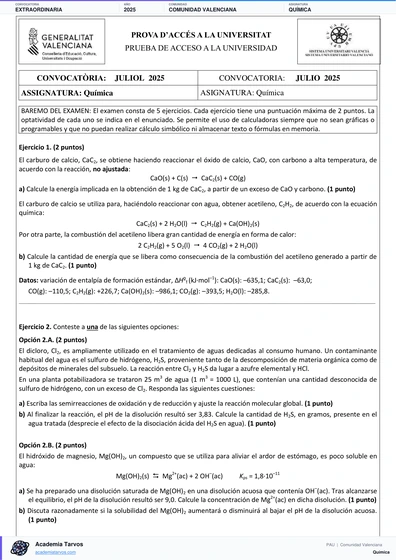 Vista previa de Examen PAU de Química de Comunitat Valenciana 2025 – Extraordinaria