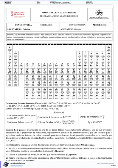 Vista previa de Modelo PAU de Química de Comunitat Valenciana 2025