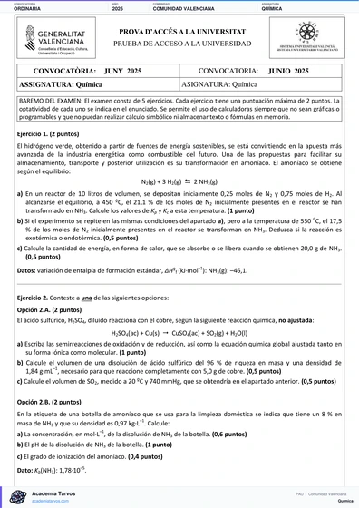 Vista previa de Examen PAU de Química de Comunitat Valenciana 2025 – Ordinaria