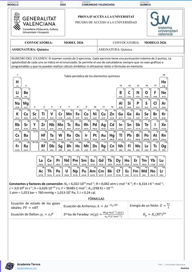 Vista previa de Modelo PAU de Química de Comunitat Valenciana 2026