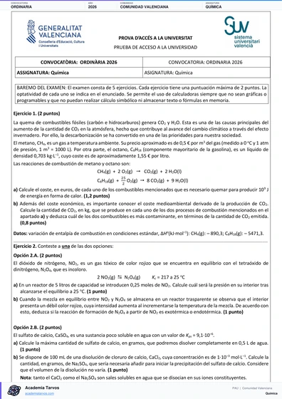 Vista previa de Examen PAU de Química de Comunitat Valenciana 2026 – Ordinaria