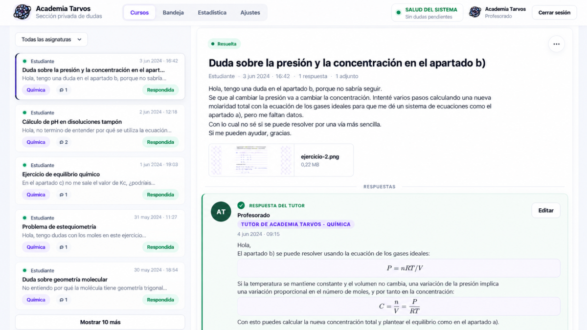 Sistema privado de dudas de Química PAU con respuestas personalizadas del profesorado.