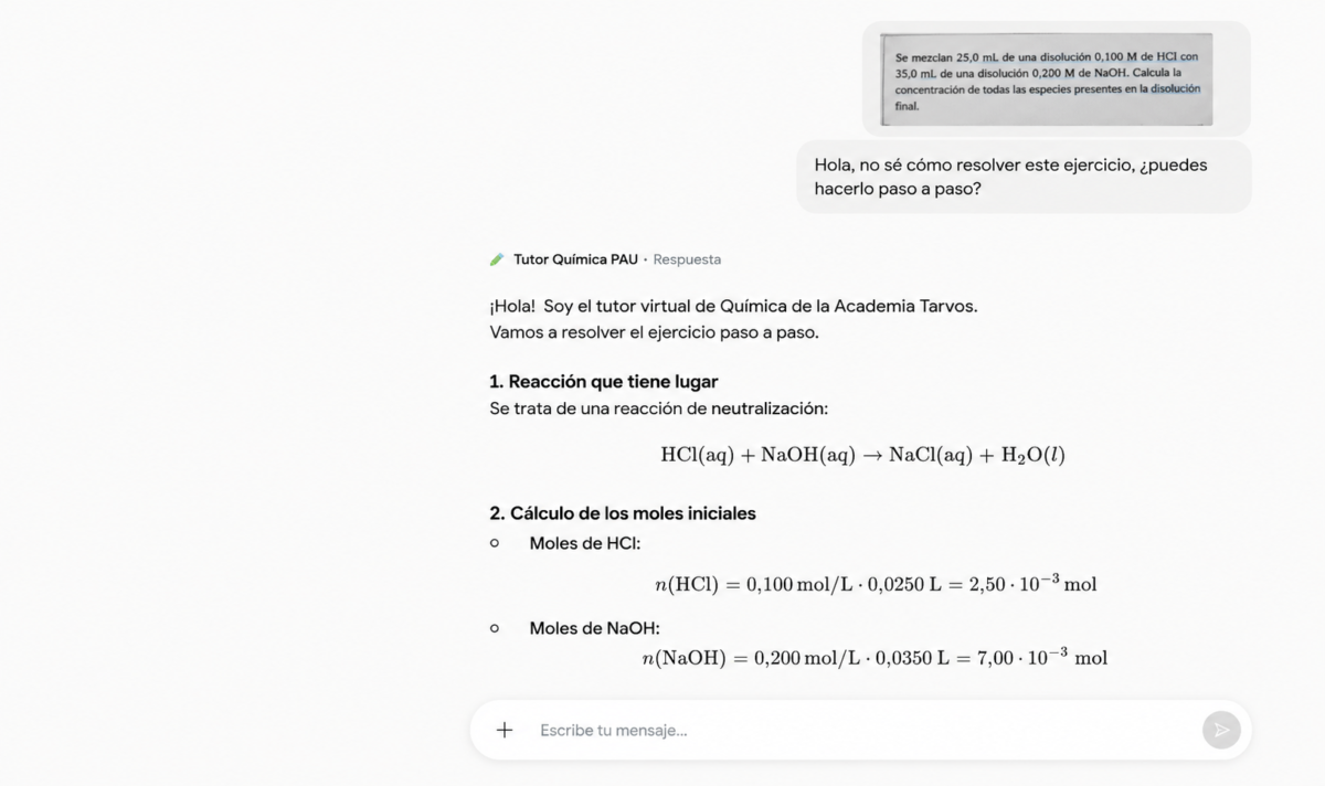 Tutor virtual de Química PAU explicando paso a paso un ejercicio de neutralización ácido-base.
